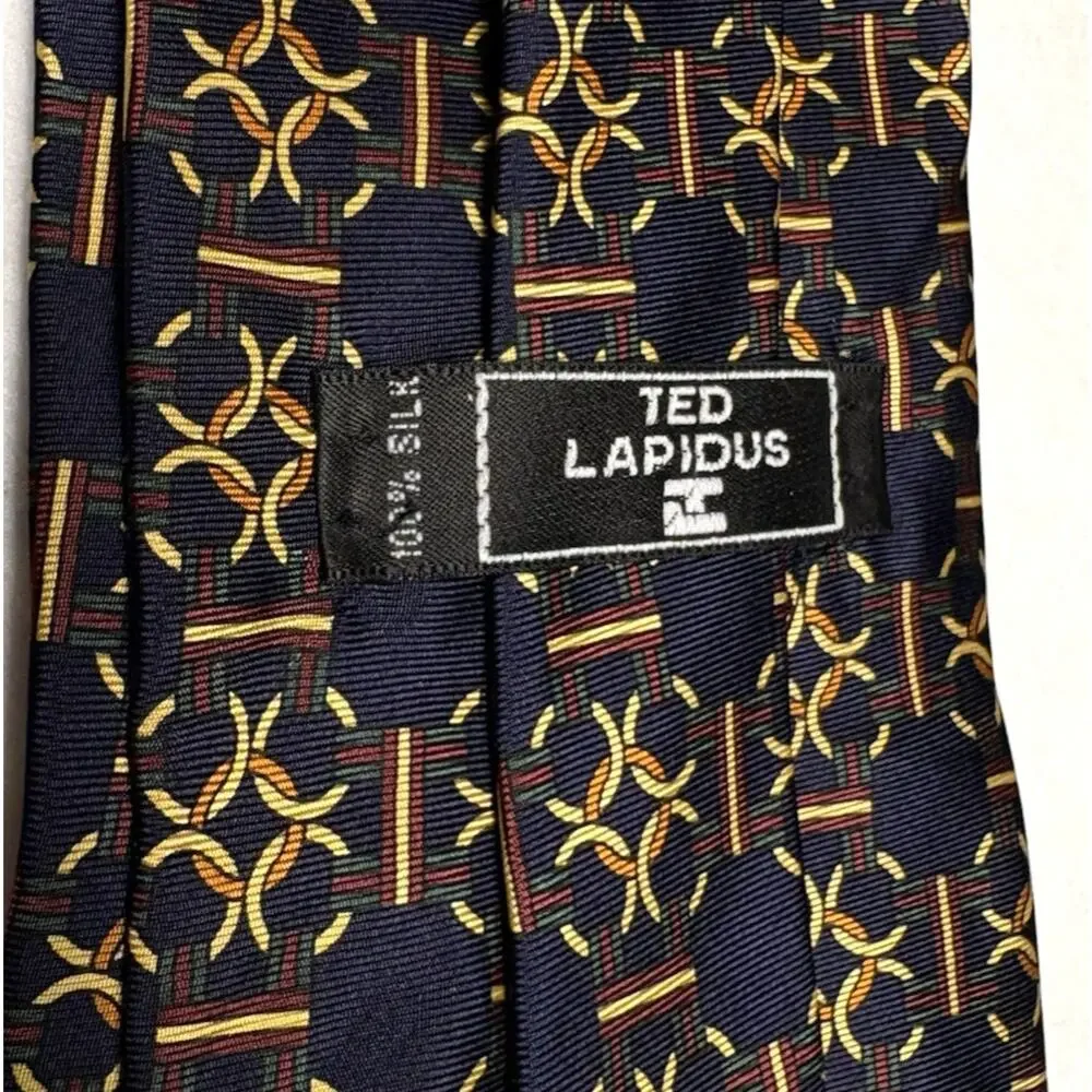 Ted Lapidus Silk Tie USA‎ Navy Blue Gold Yellow Burgundy Circle Chain 4